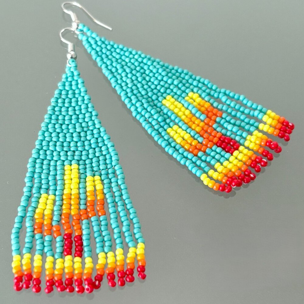 Colorful Teal Southwestern Cactus Cacti Hand Beaded Dangle Tassel Earrings New